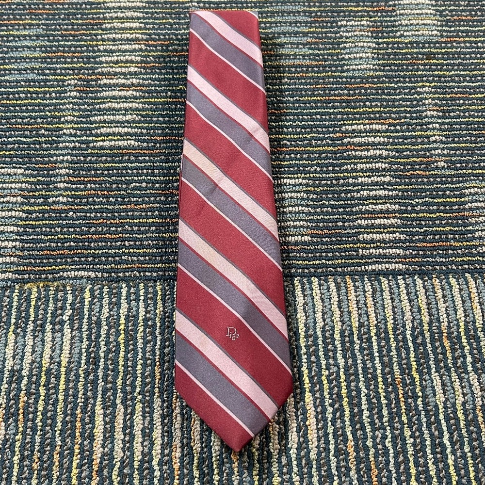 Christian Dior Silk Tie 56" Burgundy Grey Striped CD Logo Vintage Necktie - Picture 2 of 7